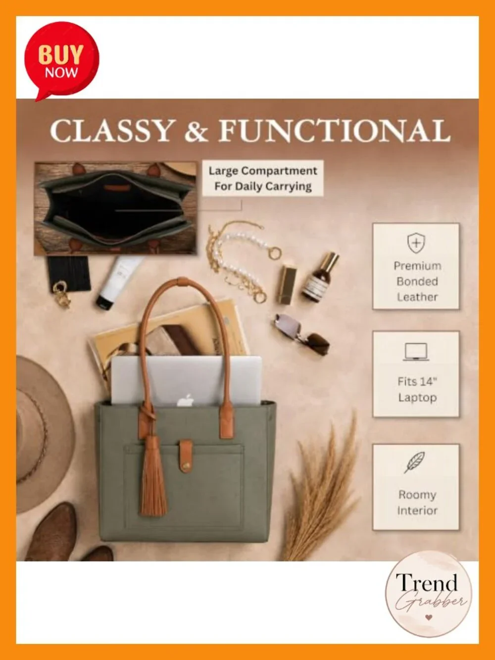 Bonded Leather Tote with Hidden Pocket Laptop Work Bag Shoulder Bag